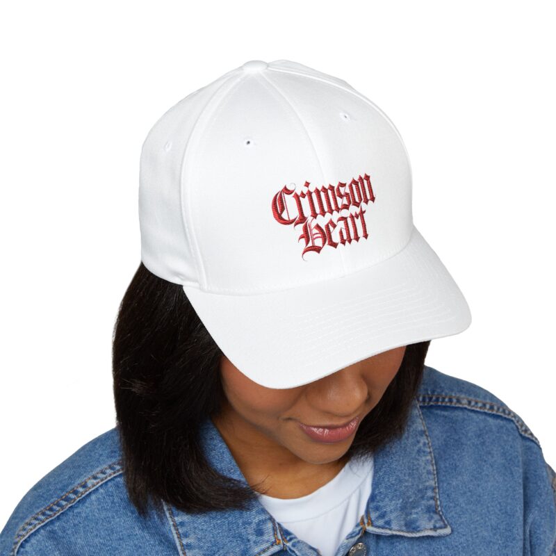 Embroidered 'Crimson Heart' Cap — Gothic Script Baseball Hat