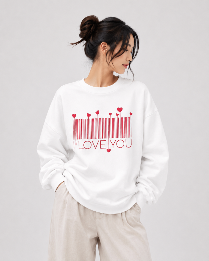 I Love You Graphic Sweatshirt | Heart Barcode Love Crewneck for Couples