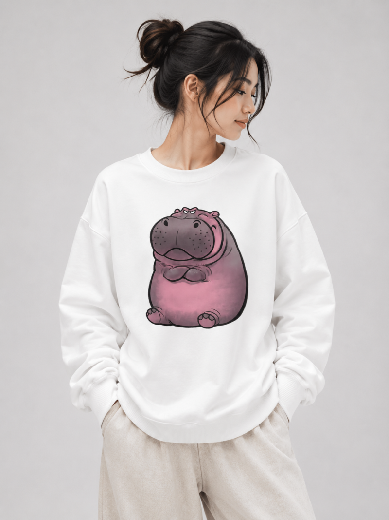 26 Grumpy Hippo Graphic Sweatshirt | Cute Animal Crewneck Pullover for Men & Women