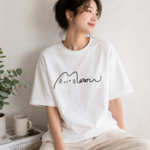 Minimalist Meow Cat Line Art T-Shirt featuring a simple one-line cat illustration on a premium unisex cotton graphic tee