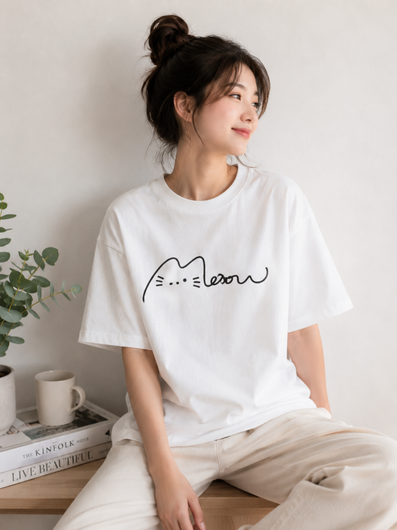 Minimalist Meow Cat Line Art T-Shirt featuring a simple one-line cat illustration on a premium unisex cotton graphic tee