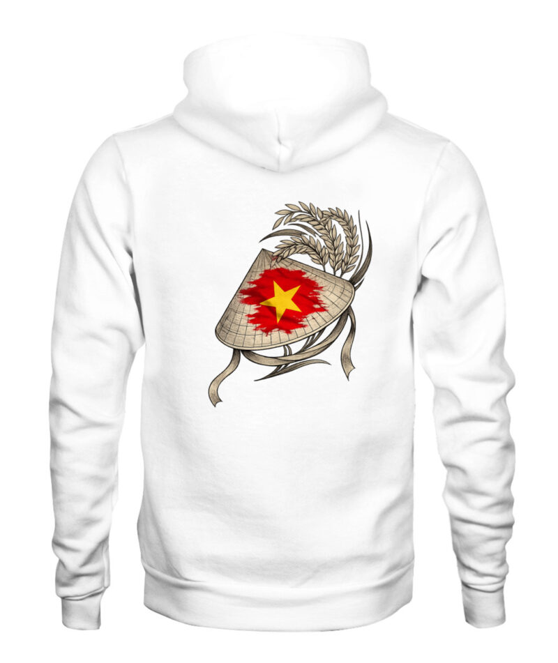 Vietnam Nón Lá Hoodie featuring a Vietnamese flag and traditional conical hat graphic on a premium unisex pullover hoodie