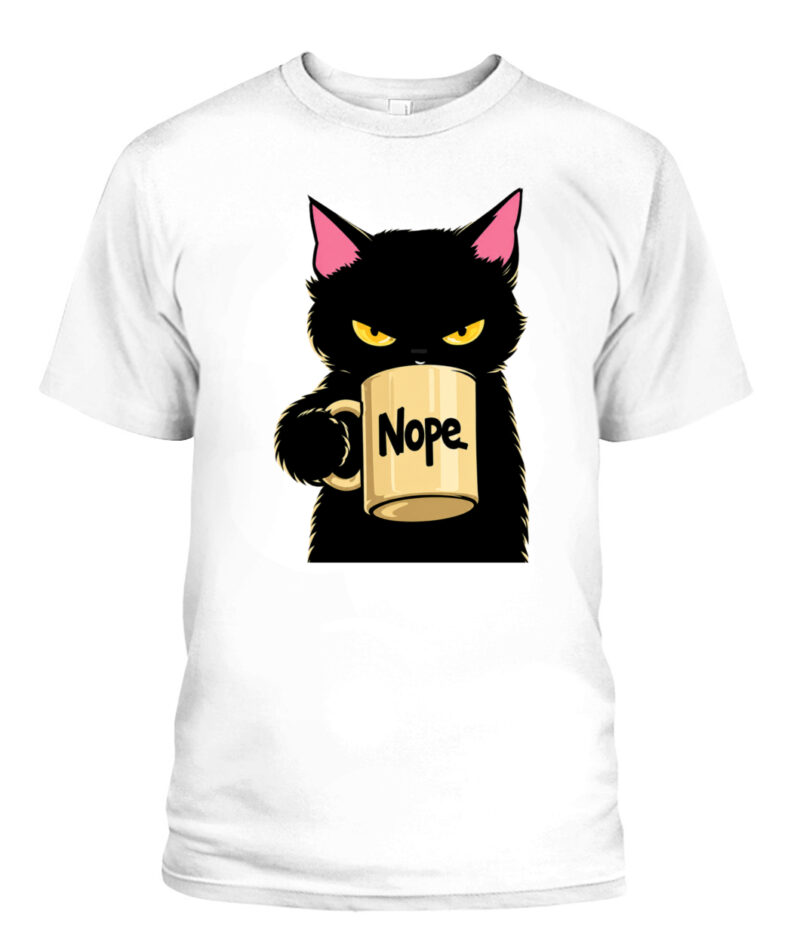 Ypb4w9KXfEjjRSea Funny Black Cat Nope Coffee Mug T-Shirt featuring a grumpy black cat holding a coffee mug on a premium unisex graphic tee